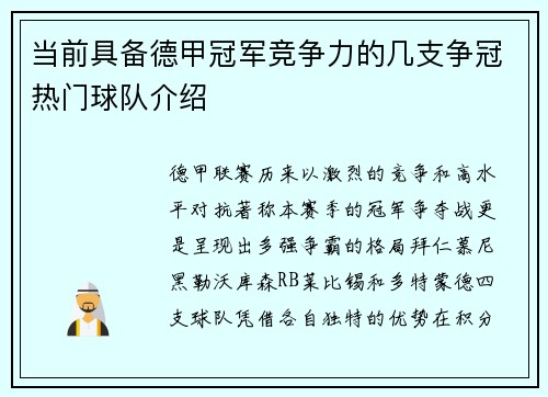 当前具备德甲冠军竞争力的几支争冠热门球队介绍